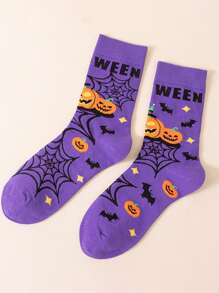 1 Pair Men's Socks, Cartoon Bat & Pumpkin Pattern, Versatile Couple Style Mid-Calf Socks, Moisture-Wicking & Breathable, Suitable For Halloween And Other Festivals, Fall Socks