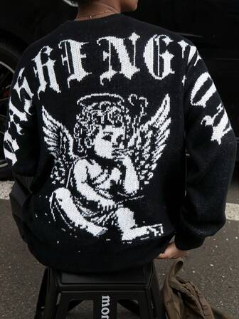 Autumn/Winter New Personalized Angel Cartoon Pattern Jacquard Knit Casual Retro Versatile Long Sleeve Crew Neck Sweater