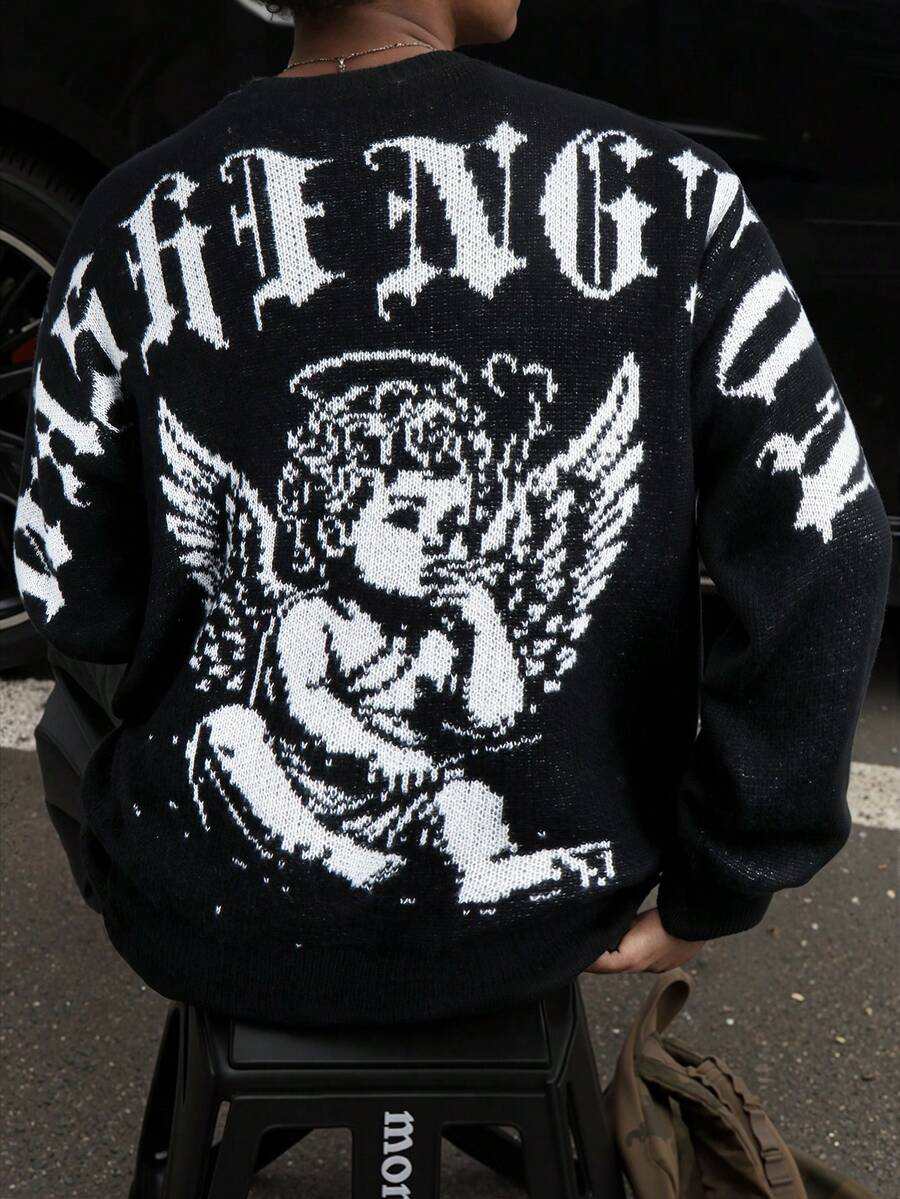 秋冬新款个性化天使卡通图案提花针织休闲复古百搭长袖圆领毛衣 - 黑色 - 查看 1