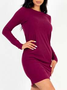 Women's Solid Color Two Tone Ribbed Long Sleeve Midi Dress For Fall And Winter, Cozy Casual Buttery Soft Dress - 酒紅色 - 查看 3