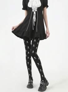 1件装女士万圣节骷髅印花保暖内衬紧身连裤袜，冬季保暖时尚，舒适保暖 - 黑色 - 查看 4