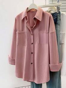 女士灯芯绒衬衫式外套，带口袋和纽扣领 - 纯色长袖秋冬假日旅行休闲装，女士秋季服装，法兰绒衬衫 - 粉色 - 查看 2