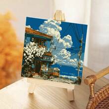 1 Set Number Painting Kit For Adult Beginner,Waves,Sunset Landscape Series Design With Wooden Frame,Acrylic Paint,Brush,Hooks For Home Wall Hanging Decoration