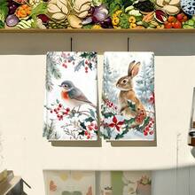 1 Set/1 Stück/2 Stücke Weihnachts-Stechpalmenbeeren und Hase/Vogel bedruckte Küchentücher und Geschirrtücher, geeignet für Inneneinrichtung in Restaurants, Küchen und Bädern, Partydekoration, Feiertags-Geschenke und auch als Weihnachtsgeschenke