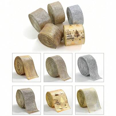 2米金色闪光圣诞丝带，装饰蝴蝶结材料，适用于圣诞礼物、家居装饰、圣诞装饰、房间装饰、冬季圣诞装饰、家居圣诞礼物、圣诞装饰