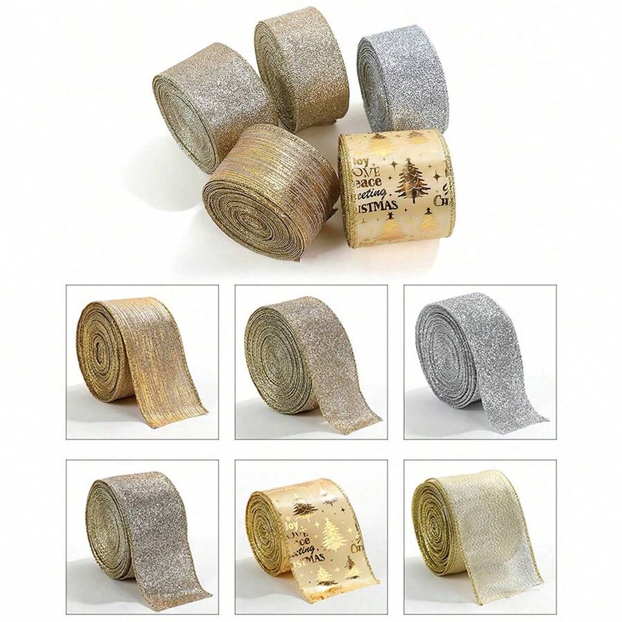 2m Gold Glitter Christmas Ribbon, Decorative Bow Material For Christmas Gifts Home Decor Christmas Decorations Room Decor Winter Christmas Decorations Home Christmas Gifts Christmas Decor - Multicolor - View 1