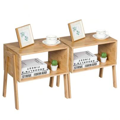 GOFLAME Bamboo Nightstands Set Of 2, Rustic Side Tables With Open Storage Compartment, Bedside Tables For Small Spaces, Stackable End Tables For Bedro
