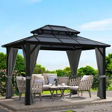 10x13 FT Permanent Aluminum Gazebo 10x12 FT Hardtop Gazebo With Double-Layer PC Roof, Sturdy Metal Pavilion Canopy, All-Weather Outdoor Sunshade Structure With Retractable Curtains For Patio, Backyard, Garden, Deck - Xám - Xem 1