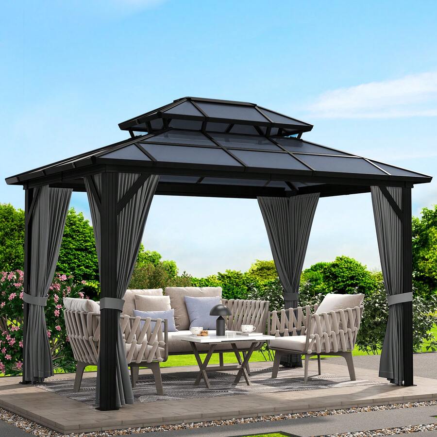 10x13 FT Permanent Aluminum Gazebo 10x12 FT Hardtop Gazebo With Double-Layer PC Roof, Sturdy Metal Pavilion Canopy, All-Weather Outdoor Sunshade Structure With Retractable Curtains For Patio, Backyard, Garden, Deck - Xám - Xem 1