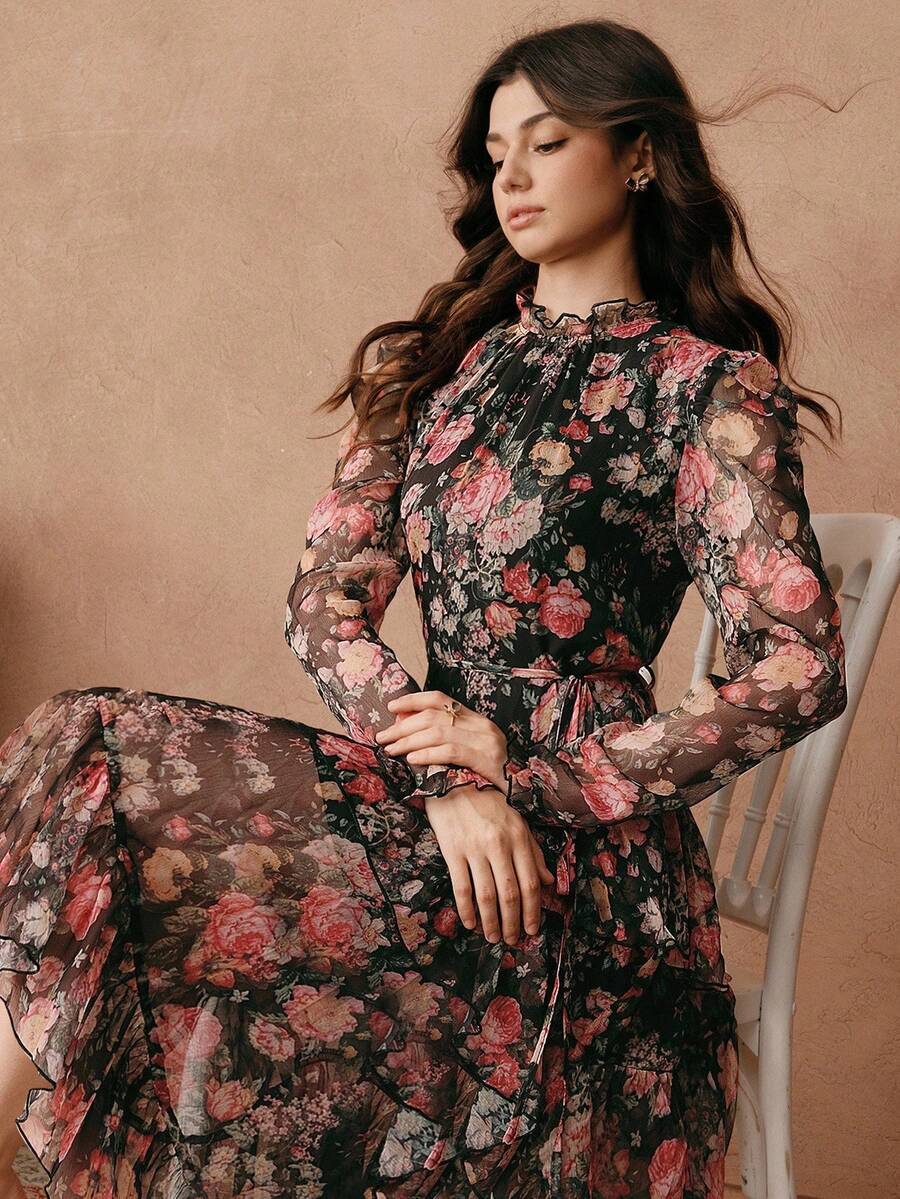 Savoree Elegant Floral Print Mid-Length Dress For Women, Summer Maxi Women Outfit