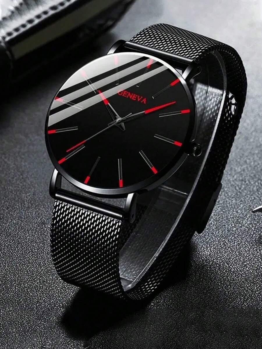 1 件简约时尚男士石英手表，配网状表带 - 紅色 - 查看 1