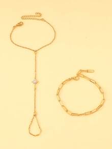 Set de 2 cadenas de mano de lujo minimalistas, diseño único de anillo de dedo con estrella de seis puntas enlazada - Dorado - Ver 2