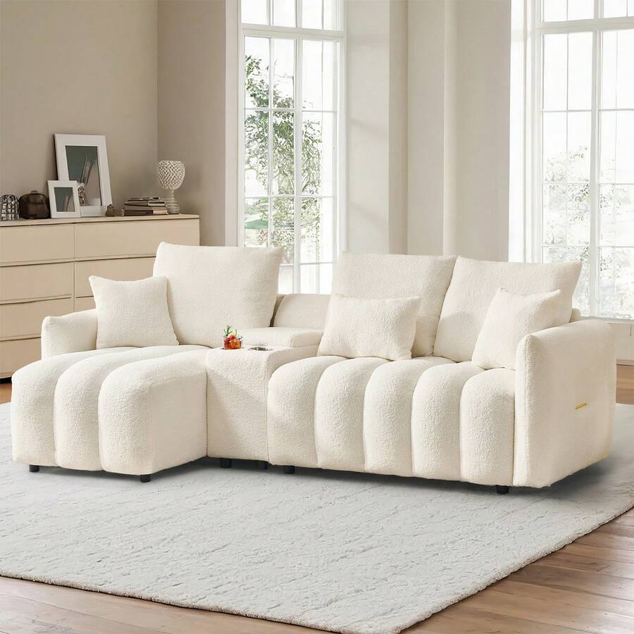 91" L Shaped Sofa With Storage Console, Plush Cloud Couch With Cup Holder And Hiden Storage Compartment, Soft Teddy Fabric 3-Seater Sectional Couch For Living Room & Apartment - 米色 - 查看 1