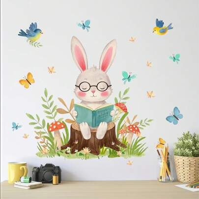 Cartoon Rabbit With Glasses Reading Book Wall Sticker, Decor For Children's Room, Nursery, Bedroom, Living Room, Study