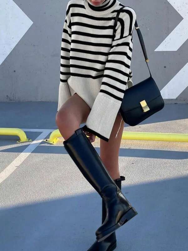 Black And White Color-Block Round Neck Loose Pullover Sweater For Women, New Autumn And Winter Simple Casual Commute Knitted Sweater Halloween Top