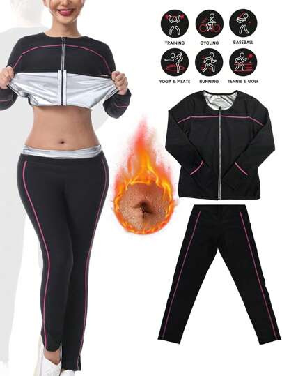 1套2025新款女士户外跑步/健身长袖上衣+长裤，上衣+下装，洋红色线条，更修饰身材比例，更具运动感。带拉链的套装，减肥桑拿运动服，拉链收腰训练服，适合秋冬季，排汗长袖上衣+排汗裤，塑身衣，塑身裤，收腹，收腰紧胸文胸，桑拿运动服，桑拿裤，桑拿服运动排汗塑身衣，女士桑拿服，桑拿套装