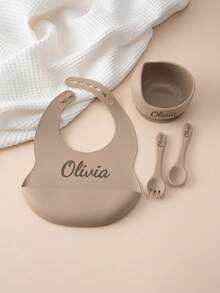 4PCS Personalized Customization Name Baby Silicone Tableware Suction Bowl Adjustment Bib Portable Spoon Fork Custom Color Contrast Dinner Set Back To School Winter Gift Ideas Boy Girl Valentine's Day, Letter, Ornamental, Exquisite, Stylish, Modern, Casual, Custom, Personalized, Unique, Customized, Ideal Gifts For Him, Ideal Gifts For Her, Son, Daughter - Multicolor - View 5