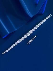 1pc Top Sparkling Round Cubic Zirconia Silver Plated Tennis Chain Bracelet For Women, Wedding, Engagement, Bridal Party Jewelry Gift - White - View 8