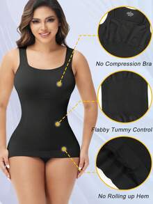 Slimming Women Tummy Control Shapewear Abdomen Compression Camisole Cami Vest Scoop Neck Tank Top Body Shaper Ladies Underwear Undershirts Shaping Tops Shirts Wide Shoulder Strap No Pad - Black - View 3