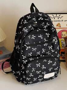 3 件套尼龙蝴蝶结印花背包套装，可折叠多口袋大容量防水拉链背包，适合青少年、高中生、大学生、女士、日常使用、通勤、旅行、情人节礼物 - 黑色 - 查看 3