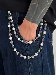1pc Solid Color Rhinestone Pearl Punk Dual Chain Belt Keychain, Waist Accessory Suitable For Gift, Party, And Casual Outfit