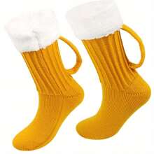 1/2 Pair Bright Yellow Beer Socks, Mid-Calf Warm With Loop Easy-Off Design, Festive Party Outfit, Oktoberfest Fun Gift, Exclusive Funny Creative Socks For Beer Lovers