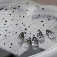 Whimsical Star Charm Nail Art Stickers - 3D Embossed, Cartoon Style, Glossy Finish, Self-Adhesive, Disposable, No Needle, Plastic Surface Embroidery Design, Perfect For Manicure And Pedicure Accessories - 黑色+銀色 - 查看 1