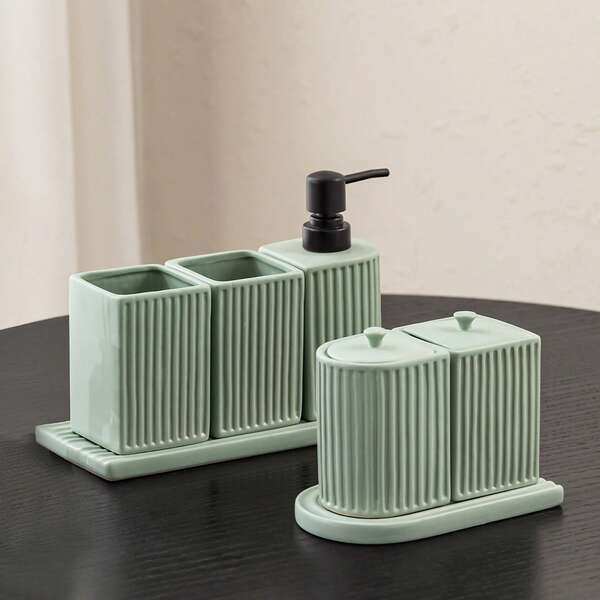 Ceramic Bathroom Set, Display Home Bathroom Decor, Liquid Soap Dispenser Refill Bottles, Bathroom Tray, Display Home Decor, Toothbrush Holder, Rinse Cup, Soap Dish Bathroom Vanity Set, Bathroom Accessories Set, Toothpaste Holder, Lotion Bottle, Soap Dish, Rinse Cup, Freely Combinable [New Batch With Reinforced Packaging]