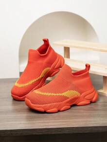 1 双儿童针织运动鞋，一脚蹬透气防滑跑步鞋，时尚拼布网眼休闲鞋，适合学生