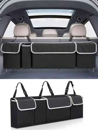 4 Pocket Car Trunk Organizer With 3 Separate Lids - Foldable Cargo Accessory, Durable Polyamide Material, Multi-Compartment Storage, For Back Seat And Trunk, Vehicle Organization, Secure Zipper Closure, Trunk Organizer For SUV And Sedans
