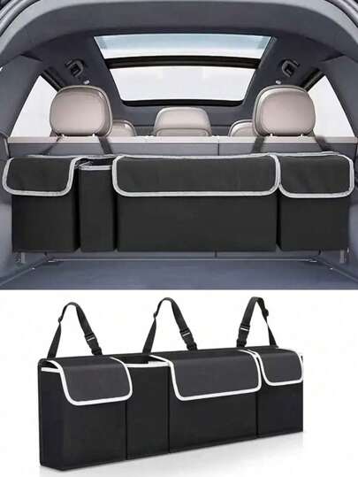 4 Pocket Car Trunk Organizer With 3 Separate Lids - Foldable Cargo Accessory, Durable Polyamide Material, Multi-Compartment Storage, For Back Seat And Trunk, Vehicle Organization, Secure Zipper Closure, Trunk Organizer For SUV And Sedans