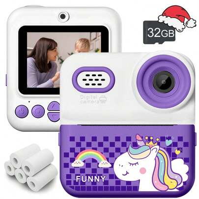 8X Zoom 1080P HD Video Children's Instant Print Camera, Perfect Christmas/Birthday Gift For 6-12 Year Old Boys & Girls, Portable Travel Camera Toy With 1080P Video