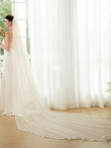 1 件简约米色亮片蕾丝边新娘面纱，花瓣形状柔软网眼婚礼发饰