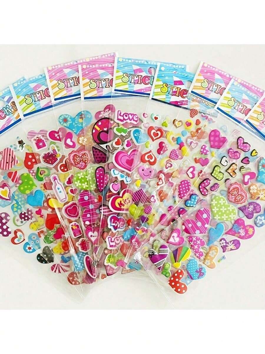 12pcs/Set Cute Heart Shaped 3D Bubble Stickers, Assorted Colorful Decal Stickers For Notebook, Scrapbook, Phone, Laptop, Toys For Girls - Multicolor - View 1