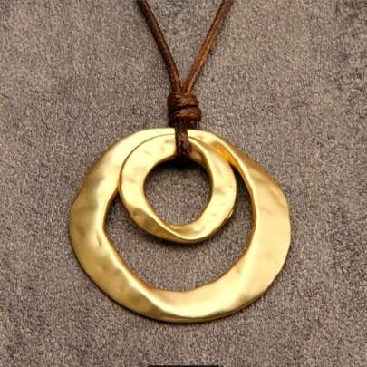 Hegaze 1pc Vintage Asymmetrical Double Ring Fashion Leather Cord Pendant Necklace For Women