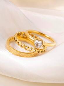 3 Peças Conjunto de Anéis de Casal Minimalistas de Aço Inoxidável com Coração Oco Diamante, Adequado para Uso Diário de Homens e Mulheres, Presente para Festival e Data