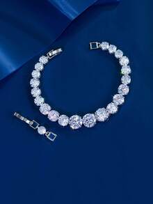 1pc Top Sparkling Round Cubic Zirconia Silver Plated Tennis Chain Bracelet For Women, Wedding, Engagement, Bridal Party Jewelry Gift - White - View 7