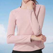 CAMEL CROWN Women's Yoga T-Shirt, Lightweight Fleece Windproof Warm Activewear Top, Stand Collar Slim Fit Solid Color Lined Long Sleeve Shirt, Spring - Flower Tea Powder - View 4