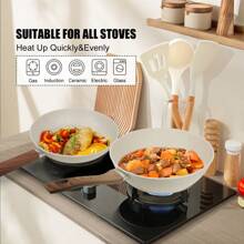 ABKOK ABKOK 9-Piece White Cookware Set- 24/28cm Frying Pan + Pizza Pan + Silicone Tools - Multi-Layer Base For All Stoves (Induction/Gas Compatible)