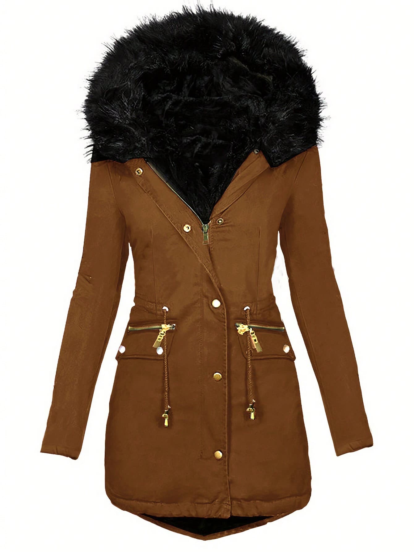 Women's Color Block Drawstring Waist Fur Trim Hooded Padded Coat, Autumn/Winter - Brown - View 1
