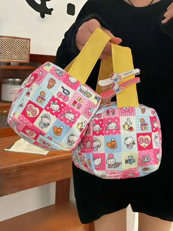 Sanrio 1 pieza Bolsa de maquillaje y tocador de gran capacidad con diseño de Hello Kitty, bolsa de almacenamiento linda y portátil para mujeres, bolsa de maquillaje de alta calidad para uso en exteriores y fácil de transportar, puede contener bolsas pequeñas, cosméticos, artículos de tocador y elementos esenciales para viajes y viajes de negocios, adecuado como regalo para amigos, maestras mujeres, damas de honor, novias, artículo autorizado de Sanrio