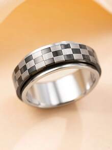 1pc Stainless Steel Rotating Ring With Black & White Plaid Pattern, Stress Relief Fidget Toy, Suitable For Men And Women, Ideal For Valentine's Day Gift