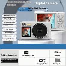 5K 高清视频、80MP 摄像头、自动对焦、16 倍光学变焦、2.8 英寸 IPS 屏幕、可充电电池、兼容网络摄像头(Win7+)、双高清显示屏、充电和录制、定时/连拍、微笑捕捉、美颜、LED 补光灯、18 倍数码变焦、内置 WiFi 传输。适合旅行、度假、礼物 - 彩色 - 查看 16