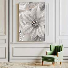 Elegant White And Silvery Floral Canvas Wall Art With Sparkling Diamonds - Modern Wooden Frame, Perfect For Birthday Parties, Mother'S Day, New Year, Easter - Ideal For Living Room, Office, Or Bathroom Decor, Office Wall Art | Elegant Wall Art | Wooden Frame Art, Wall Decor,Room Ready To Hang Wrapped Canvas With Frame,Can Be Hung - 銀色 - 查看 6