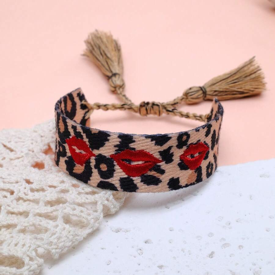 1pc Adjustable Handmade Leopard Print Heart Bracelet, Boho Style Suitable For Women, Party, Travel, Daily Wear - Leopard Lips - View 1