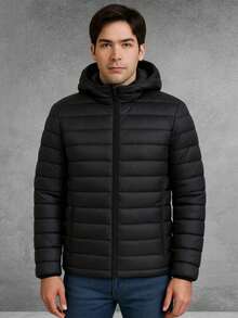 CHAMARRA PARA HOMBRE BASICA CASUAL HPC POLO PUFFER CON GORRO AFELPADA COMODA - Negro - Ver 4