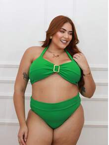 Plus Size Bikini With Gold Detail Simple Elegant Casual Beach - 綠色 - 查看 2