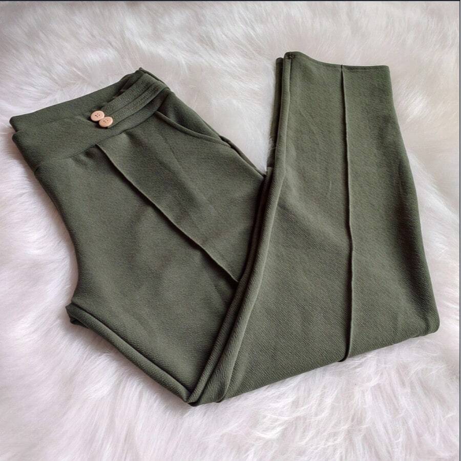Women's Plus Size Pants - High Waist, Buttons In The Front - Army Green - View 1