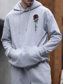 男士必备！新款秋冬街头风灰色玫瑰印花简约连帽卫衣，长袖上衣 - 灰色 - 查看 2