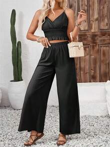 Traje Casual Mujer Dos Piezas,Set De 2 Piezas Camisola Y Pantalones Para Mujer,Conjunto De Vacaciones,Chaleco Elástico Y Pantalón Partido,Blusa Casual Femenina, Traje De Pantalones De Piernas Anchas - Negro - Ver 6